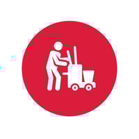 Un cercle rouge contenant une icône blanche d'une personne debout et actionnant un chariot de nettoyage professionnel.