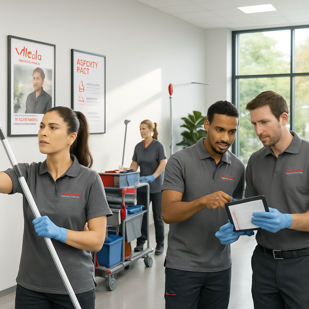 photographic Keep vileda Professional brand style  The image showcases a bright modern cleaning facility where a diverse group of professionals is eng-1