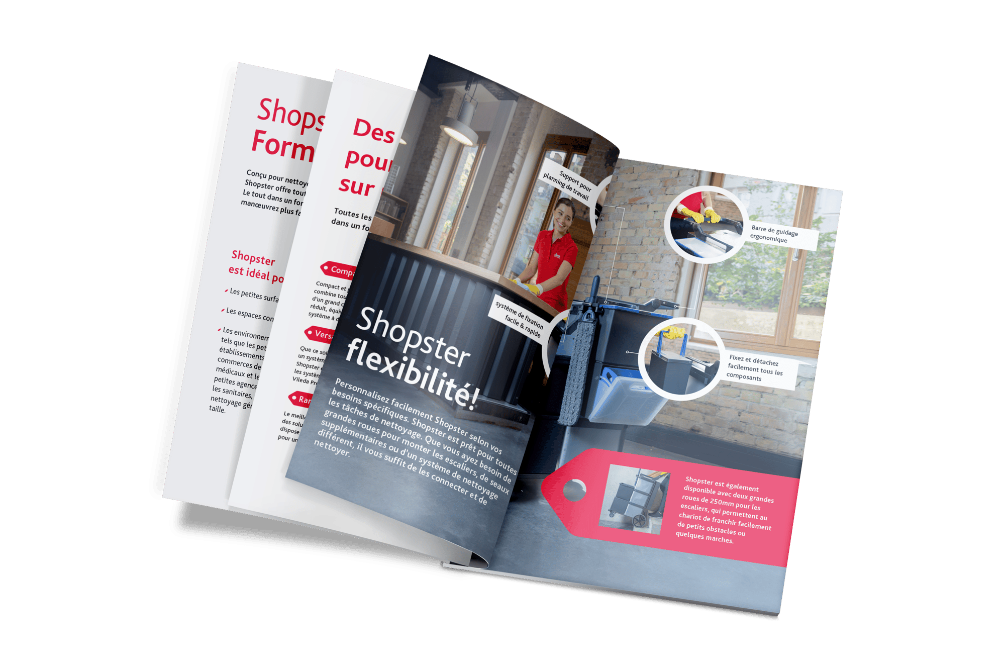 A mockup of a printed brochure spread showcasing the "Shopster" cleaning system. The right-hand page features a large photo of a woman in a red polo shirt using a cleaning cart in a modern interior, overlaid with the bold white headline "Shopster flexibilité!". Several circular inset images with leader lines point to specific features, such as an ergonomic handle and a quick-attachment system. A red tag graphic at the bottom right explains the cart's large wheels for climbing stairs. The background pages show bulleted lists and headings in red and black text on a clean white layout.