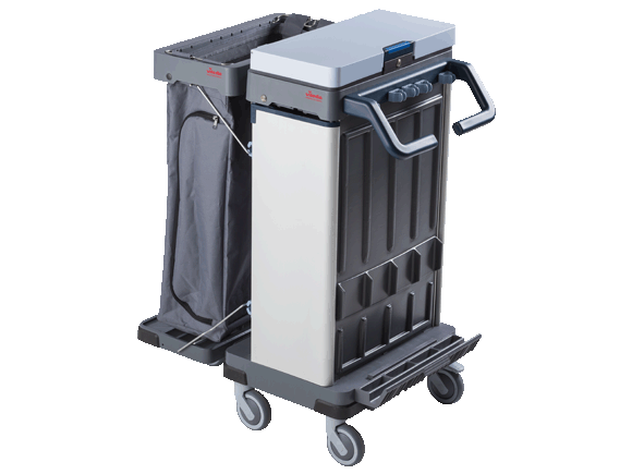 Chariot de nettoyage Origo 2 de Vileda Professional, entièrement fermé et de conception modulaire, disponible en gris clair et gris foncé. Le chariot comprend une grande armoire avec un couvercle supérieur, des poignées ergonomiques, un support pour le cadre de la serpillière à la base, et un sac de collecte des déchets vertical avec une fermeture éclair sur le côté pour un retrait facile, le tout monté sur quatre roulettes robustes.