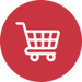 White shopping cart icon on a red circular background.