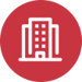 Office building icon in a red circle.