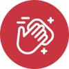 An icon within a red circle featuring a white line drawing of a hand holding a cloth, performing a wiping motion. Small sparkles and motion lines surround the hand to represent cleanliness and activity.