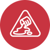A red circular icon containing a white outline of a warning triangle. Inside the triangle is a graphic of a spilled bucket or container with liquid pooling on the floor, representing an emergency spill or cleaning situation.