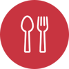 A red circular icon featuring a white outline of a spoon and a fork.