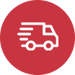 White line icon of a delivery truck in motion inside a red circle.