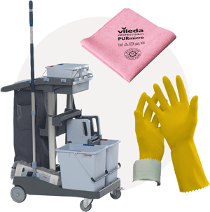 A collection of professional cleaning supplies featuring a grey Vileda Professional janitorial trolley equipped with buckets and a mop, a pink PURmicro microfiber cloth, and a pair of yellow rubber gloves.