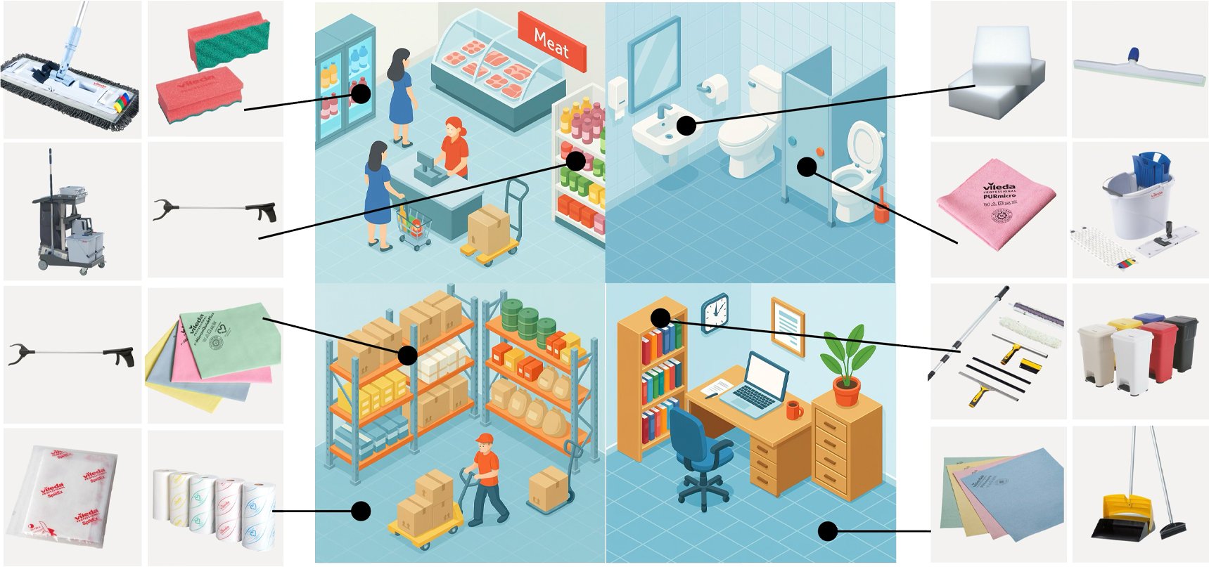 This infographic illustrates professional cleaning solutions across four commercial settings—retail, restroom, warehouse, and office—by linking specific environments to their ideal maintenance tools. Surrounding the central scenes is a comprehensive gallery of equipment, including color-coded bins, janitorial trolleys, microfiber cloths, and floor care systems designed for industrial use.