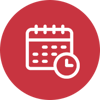 Icon of a white calendar and clock inside a red circle.