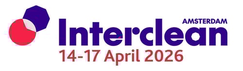 Logo de l'événement Interclean Amsterdam. À gauche, deux formes circulaires rouges et violettes se chevauchent. À droite, le mot "Interclean" est écrit en gros caractères violets et gras, avec "AMSTERDAM" en lettres capitales plus petites au-dessus de la fin du mot. Sous le titre principal, les dates "14-17 avril 2026" sont affichées dans une police de caractères rouge-orange.