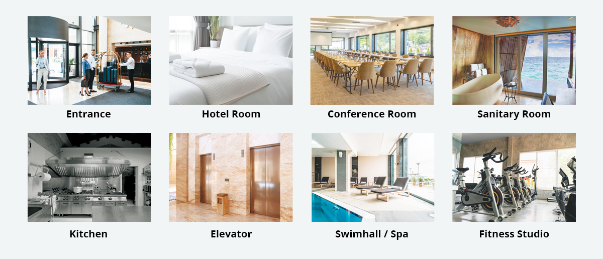A grid of eight labeled photographs showcasing the diverse functional areas of a hotel, including the entrance, hotel room, conference room, sanitary room, kitchen, elevator, swimhall/spa, and fitness studio.