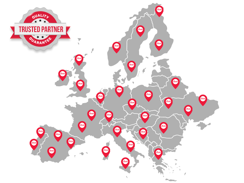 Carte de l'Europe montrant les emplacements des entreprises à travers le continent. De nombreuses icônes rouges contenant le logo Vileda Professional sont réparties en Europe occidentale, centrale et orientale, ainsi qu'en Scandinavie. Dans le coin supérieur gauche, un sceau circulaire rouge et argenté comporte le texte "Quality Trusted Partner Guarantee".